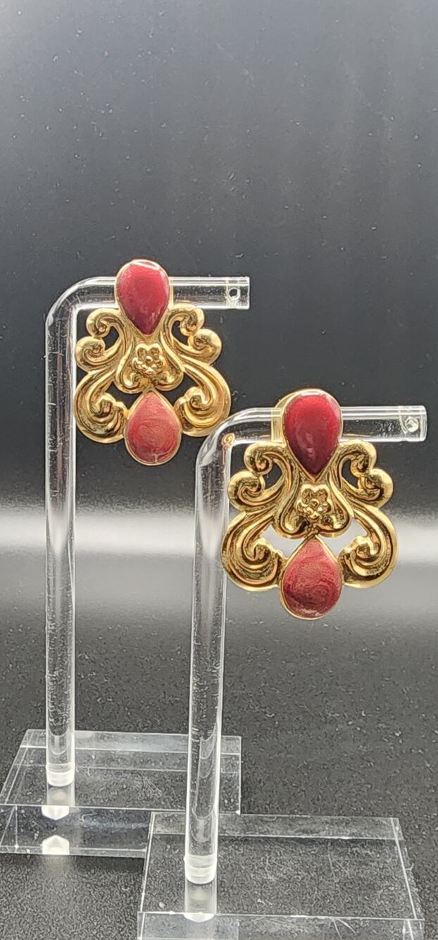 Vintage 1994 Avon Artful Expressions Red Enamel Scroll Pierced Earrings